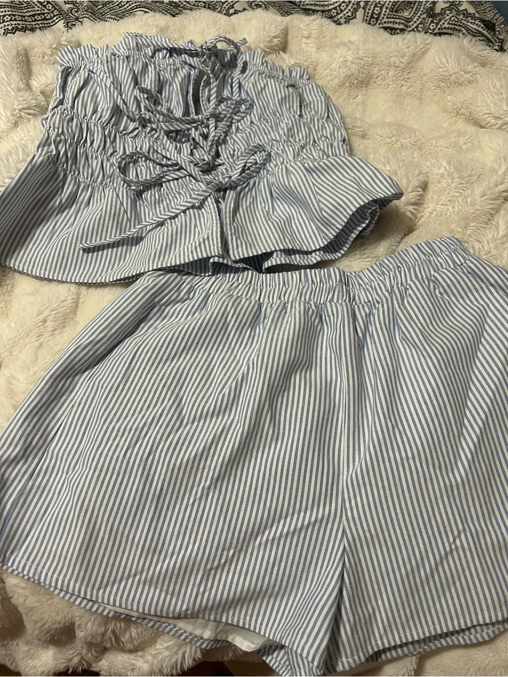 Blue and White Striped Two-Piece Skirt Set — Casual Summer Style